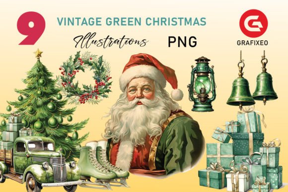 Download Vintage Green Christmas Illustrations - Premium Resources